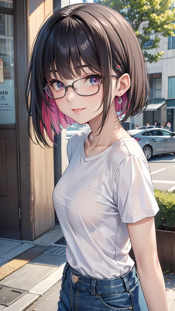 walk in the park, masterpiece, highest quality, (maximum resolution: 1.2), (Ultra HDTV: 1.2), cinematic light, Ultra HDTV, (detailed eyes and skin), (detailed features), 8K resolution, sharp focus: 1.2, perfect body, Anatomically correct, beautiful face, double eyelids, thin eyebrows, natural lip color, 25 years old lady, cheeks are red, slender body, small breasts, glasses, smile, pretty earrings, white T-shirts(extra large size: 1.2), short denim,