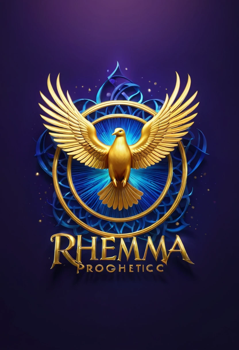 A captivating 3D render of the "RHEMA Prophetic" channel logo featuring a bold, spiritual font with the name prominently displayed. The design incorporates a swirling flame, signifying divine presence and revelation, with a vividly detailed dove in the center, symbolizing the Holy Spirit. The background is a gradient of deep blue, violet, and gold tones, evoking a sense of mystery, transcendence, and divinity. The logo exudes originality and visual impact, making it easily recognizable and adaptable to various platforms. The simplicity and legibility of the design leave a lasting impression on viewers, accurately representing the essence of the "RHEMA Prophetics" channel. The vibrant colors and cinematic feel add a touch of fashion and contemporary appeal., cinematic, 3d render, vibrant, fashion