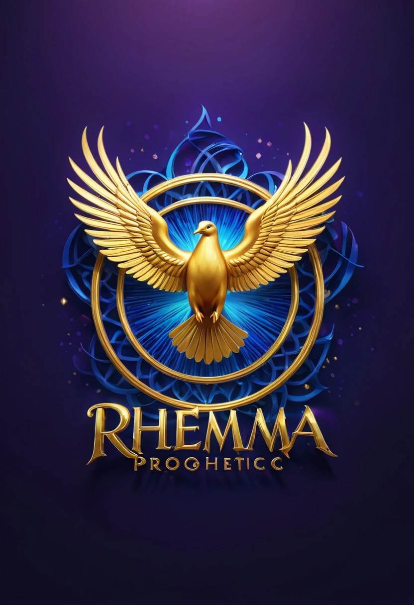 A captivating 3D render of the "RHEMA Prophetic" channel logo featuring a bold, spiritual font with the name prominently displayed. The design incorporates a swirling flame, signifying divine presence and revelation, with a vividly detailed dove in the center, symbolizing the Holy Spirit. The background is a gradient of deep blue, violet, and gold tones, evoking a sense of mystery, transcendence, and divinity. The logo exudes originality and visual impact, making it easily recognizable and adaptable to various platforms. The simplicity and legibility of the design leave a lasting impression on viewers, accurately representing the essence of the "RHEMA Prophetics" channel. The vibrant colors and cinematic feel add a touch of fashion and contemporary appeal., cinematic, 3d render, vibrant, fashion