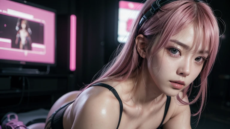 (8k, RAW Photos, highest quality, masterpiece:1.2), (Realistic, photo-Realistic:1.37),(Japanese female models), (Pink Neon),(cyber punk),