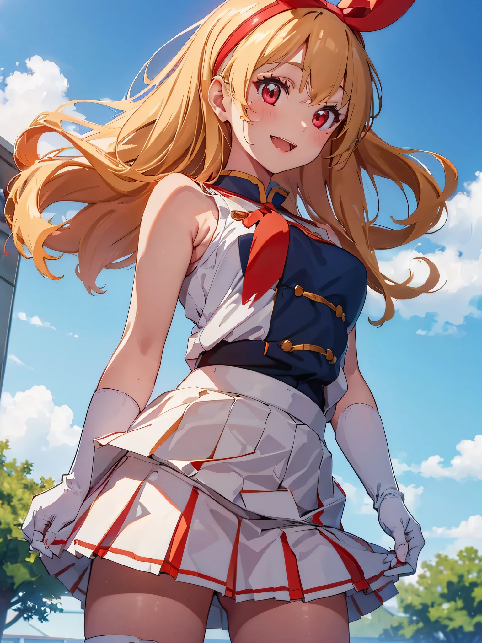 (red ribbon on hairband:1.2),masterpiece, best quality, highres, 1girl, solo, Blonde hair, RED eyes, mole under eye, band uniform, sleeveless, white gloves, pleated skirt, knee boots, cowboy shot, hand on hip, smile, open mouth, outdoors ,((((skirt lift)))),((red color panty)),(pointy_panty,from below),