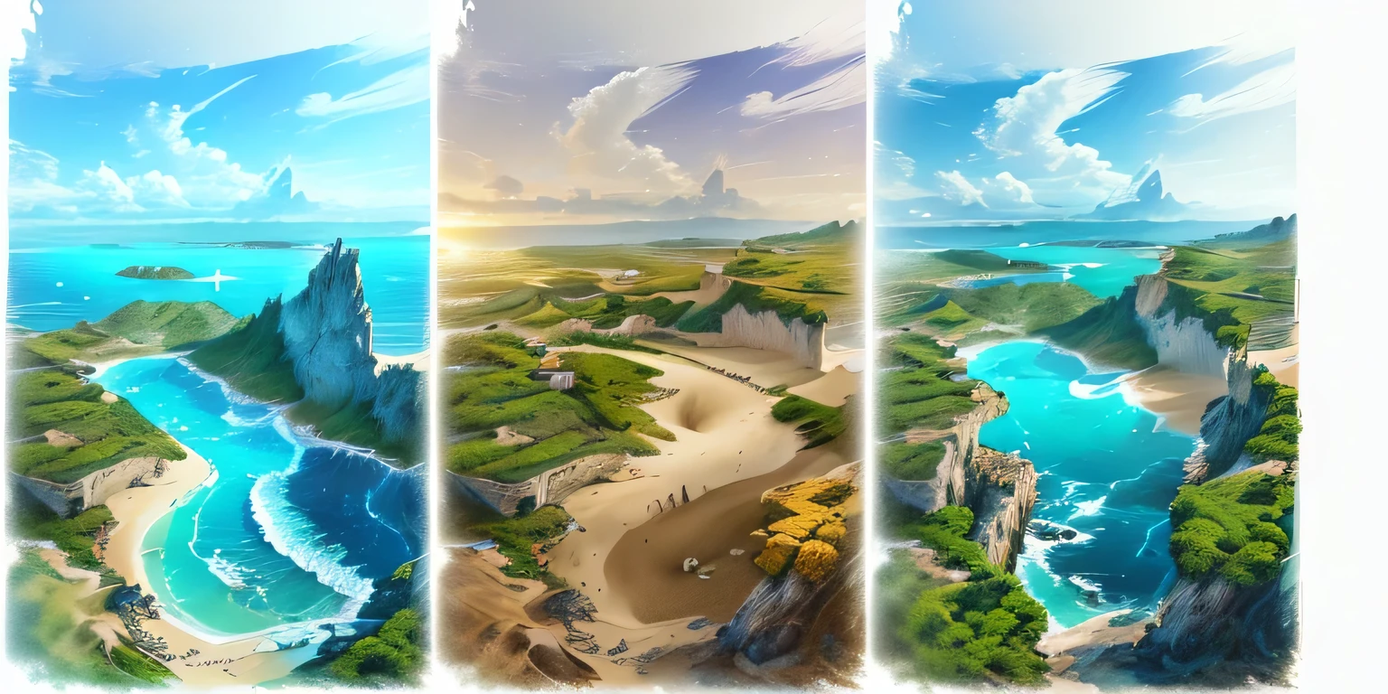 Three different beach photos,Lots of water and sky on the beach, Landscape Art Detail, Landscape Artwork, very Detailed background, Island Background, Amazing wallpapers, background technologywork, Beautiful background, environmental concept art, Concept art is very detailed, High quality desktop wallpaper, Steam Workshop Map, background technology, Environmental key art, Detailed background, Amazing background, High quality wallpapers