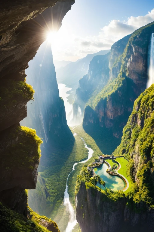 Amidst a mesmerizing backdrop of ethereal, floating mountains shrouded in surreal, glowing flower-shaped clouds, an adventurous scene unfolds. A beacon of hope, a lone figure dresses in radiant, flowy Fabric stands atop a majestic cliff, gazing into the valley below. A serene lake nested within lush greenery mirrors the brilliant sky above, casting intricate, wavy reflections. Sparkling waterfalls cascade down the mountain's weathered, yet beautifully damaged walls. In the distance, a fanciful castle, obscured by the fantastical, Bokeh-laden daylight, be