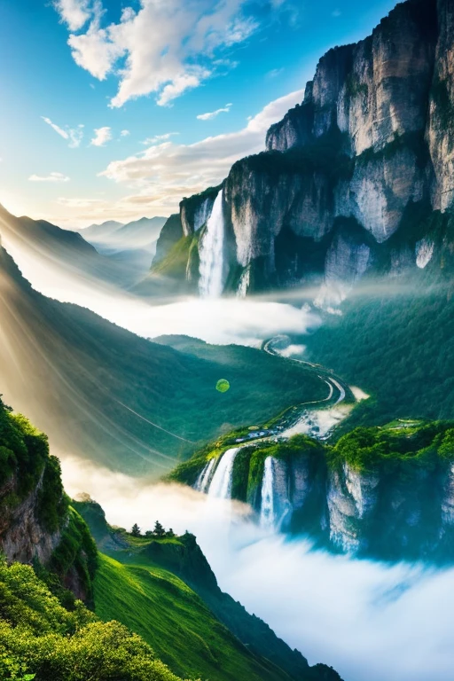 Amidst a mesmerizing backdrop of ethereal, floating mountains shrouded in surreal, glowing flower-shaped clouds, an adventurous scene unfolds. A beacon of hope, a lone figure dresses in radiant, flowy Fabric stands atop a majestic cliff, gazing into the valley below. A serene lake nested within lush greenery mirrors the brilliant sky above, casting intricate, wavy reflections. Sparkling waterfalls cascade down the mountain's weathered, yet beautifully damaged walls. In the distance, a fanciful castle, obscured by the fantastical, Bokeh-laden daylight, be