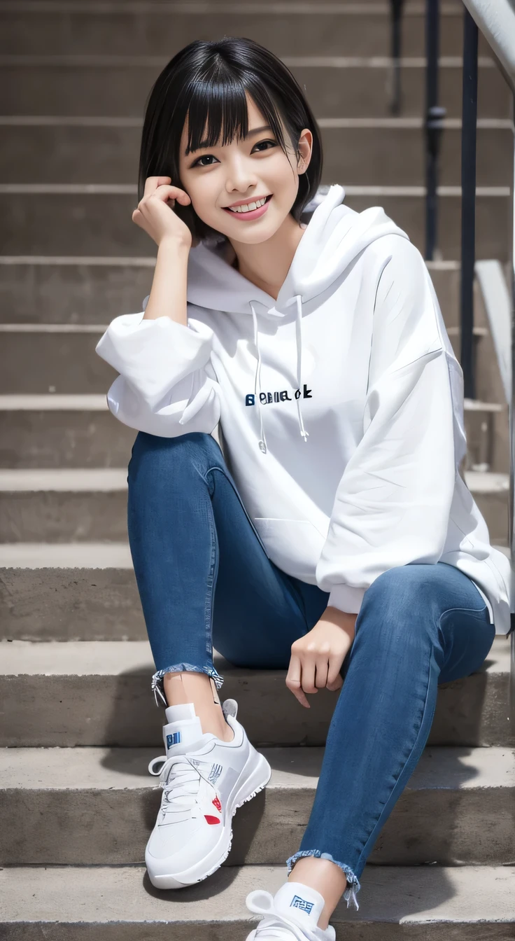 highest quality, Realistic, Very detailed, Finer details, High resolution, 8k wallpaper, One beautiful woman,Sit on the stairs、 Oversized hoodie, Skinny jeans, White sneakers,Putting on socks、Black Hair、 Short Haircut、Beautiful Bangs、ear piercing、smile、Beautiful teeth alignment、Perfect dynamic composition, Beautiful and detailed, Full Body Shot, A big smile