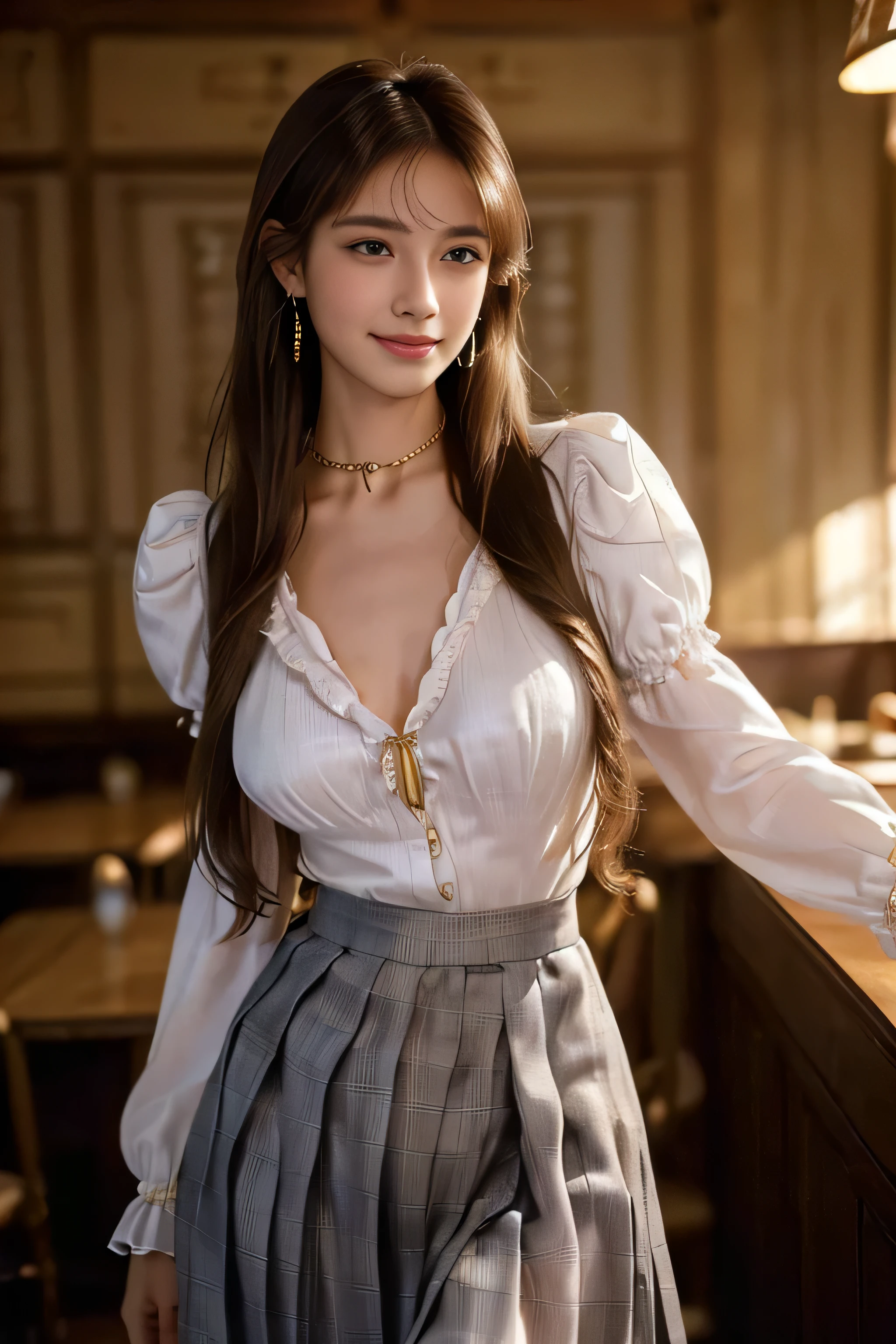 ((Beautiful girls:1.3))((thin_fabric:1.4)) ((Random sexy poses:1.3)) ((Blushing:1.4)) ((chest:1.2)) ((close:1.2)) highest quality,Tabletop,超A high resolution,(Realistic:1.4),RAW Photos,(Real skin texture:1.3),(Film Grain:1.3),Panorama,Portraits,Very wide shot,Tight waist,Cowboy Shot,(In the Dark, Deep Shadow, Low Key, Cold Light,) night,((Loosely inward wavy hair:1.2)),((Gold Necklace＿Large earrings:1.2)),One Girl,Beautiful and detailed eyes and face,White Jabot,Brown eyes,((Brown Hair:1.2)) ((whole body:1.3)) ((smile:1.3))((Long straight hair_Hair reaching down to the waist:1.3))((In a crowded café at dusk:1.3)) ((wearing Shirt with collar,puffy sleeves:1.3)), ((wearing Pleated skirt with many checked folds:1.3)),((A shy smile:1.3)),