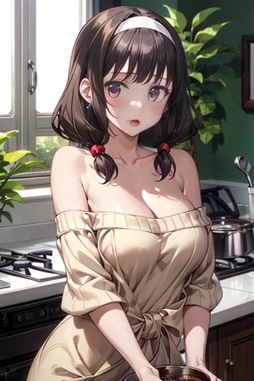 masterpiece, yor, 1girl, Amazing Cleavage:1.3, thin waist, big ass, Raised sexy, medium breast: 1.8 posed cleavage:1.2、solo, looking at viewer, open mouth, have a cup of coffee,black hair, red eyes, dress, bare shoulders, jewelry, collarbone, sidelocks, hairband, earrings, indoors, off shoulder, :o, sweater, arms behind back, plant, short hair with long locks, white hairband, off-shoulder dress, sweater dress, off-shoulder sweater, red sweater, big side hair, very long side hair,is rendered in (masterpiece: 1.2, best quality), with (ultra high resolution) and an exquisite (depth of field). This masterpiece is not only visually stunning but also tells, teach of cooking ,in the kitchen