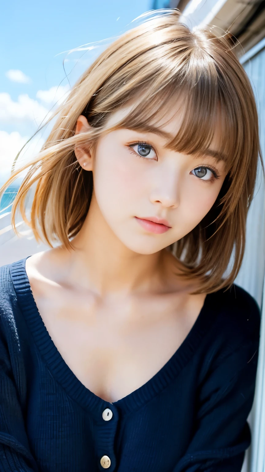 Sexy big 、Sexy cute looks and cute beautiful girl, Beautiful and sexy face、A strong wind blows my hair in front of my face、Cute and sexy eyes hidden by long bangs Beautiful short blonde hair Small ribbon
