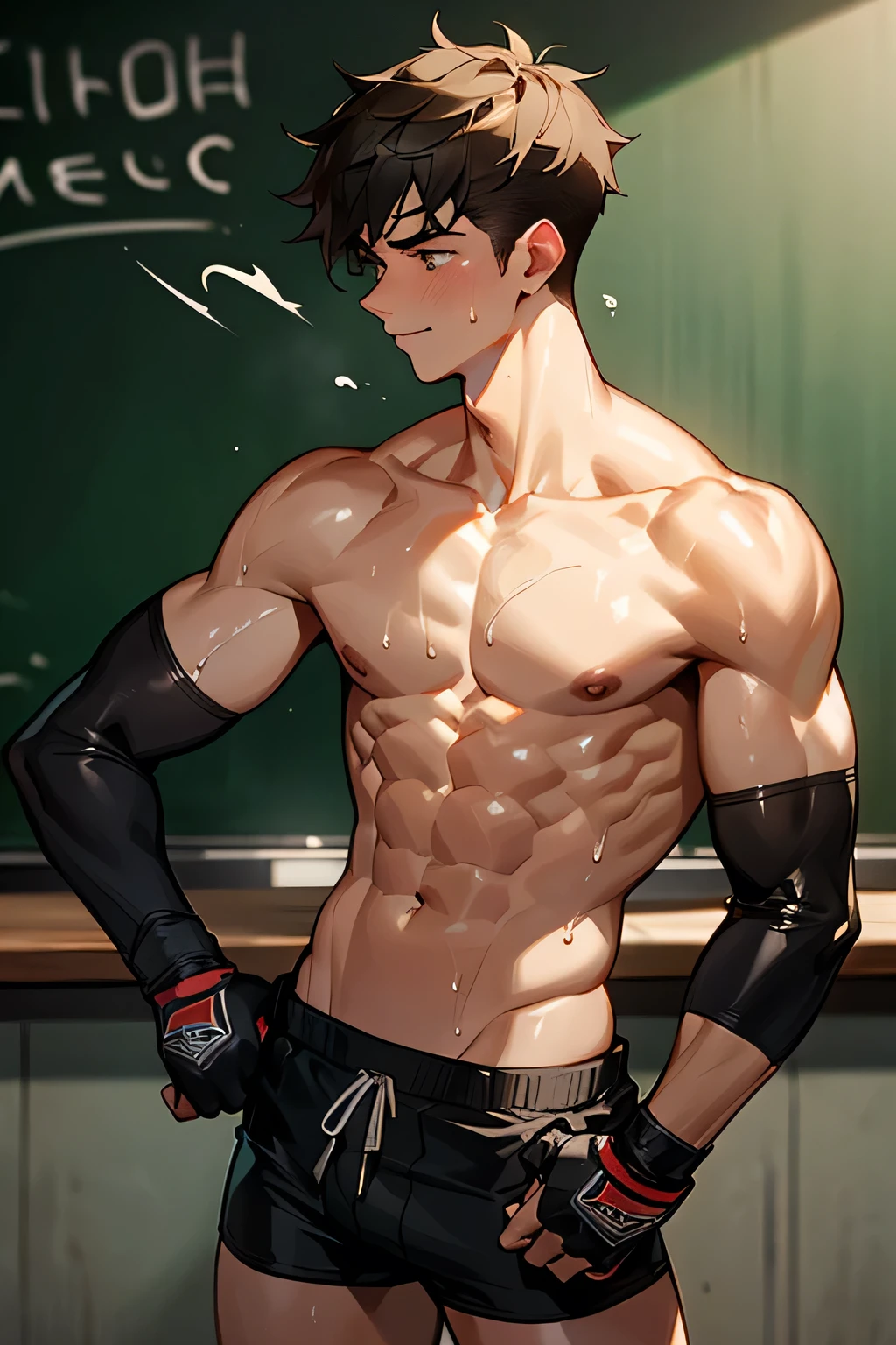 a shirtless exhausted 19-year old handsome caucasian male in faded haircut, mma gloves, fighting shorts, cute, handsome face, six-pack abs, beautiful body, well-defined body, dripping sweat, drenched with sweat, tired smile, standing infront of a blackboard