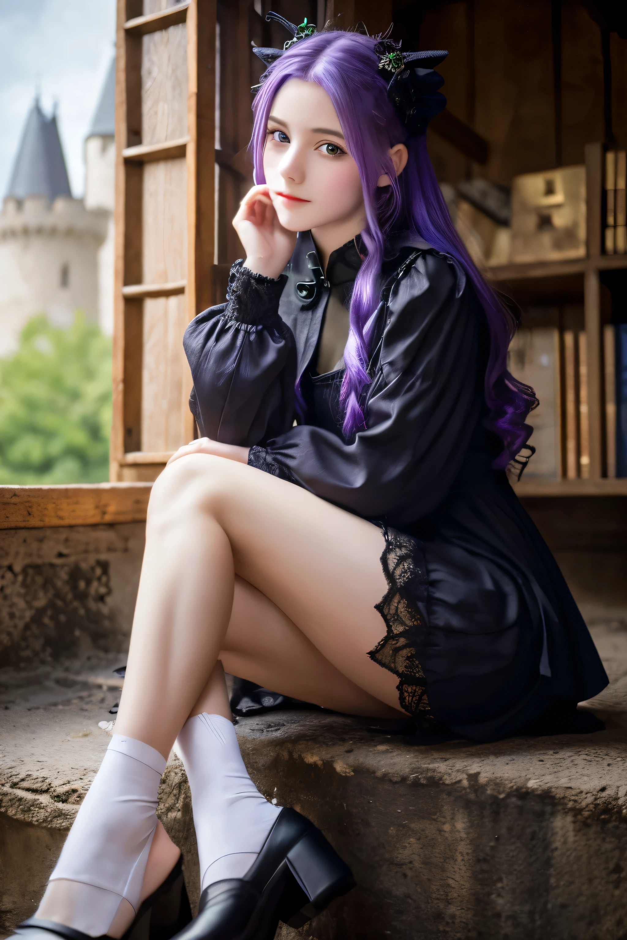 (8k, highest quality, masterpiece:1.2),(highest quality:1.0)、A cute French girl just sitting there、Green Eyes、Purple Hair、Inside a very dark medieval castle、Attractive legs、Black clothes