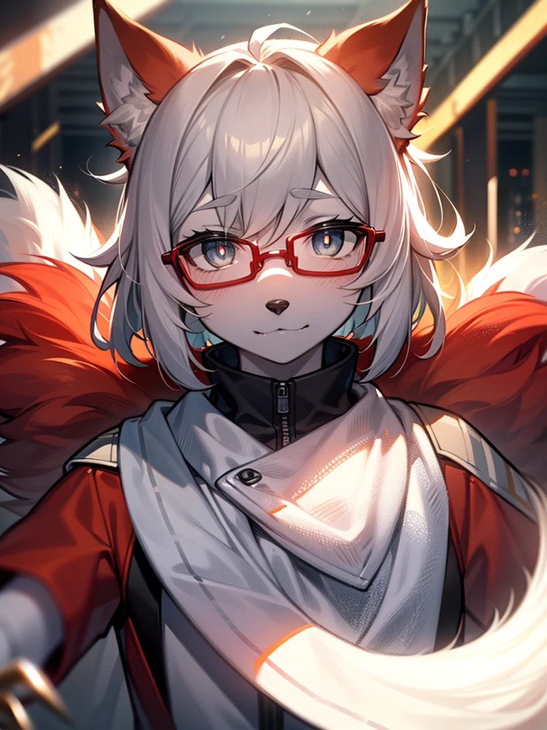 hairy, Red fur, super cute face, White elements on fur, beautiful light and shadow, Ambient Light, Extremely fine fur, Volumetric Light,Wolf,wear glasses,The eyes are gray,The tip of the tail is white