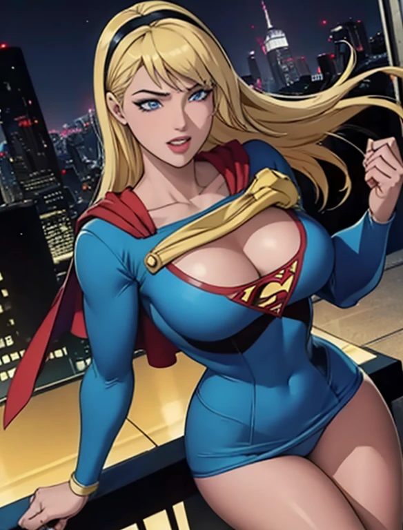 Supergirl,lindo,tez escura,((blonde hair)) ,garota americana,Flying in the sky,por Bob Byerley,por Charlie Bowater,Direction: Ko Young Hoon,Antecedentes da cidade de Nova York,classic 1940s look,(melhor qualidade,4K,8k,high resolution,obra de arte:1.2),ultra-detalhado,(realista,photorealista,photo-realista:1.37),oil painting,qualidade de imagem semelhante a um trabalho de mestrado,Ultra HD,Detalhes impressionantes,professional lighting,cores vivas,Bokeh,Powerful superheroine,confident expression,flutuando graciosamente acima da cidade,classic american comics style,sharp focus,with a strong sense of movement, dynamic and captivating,Attractive and energetic.