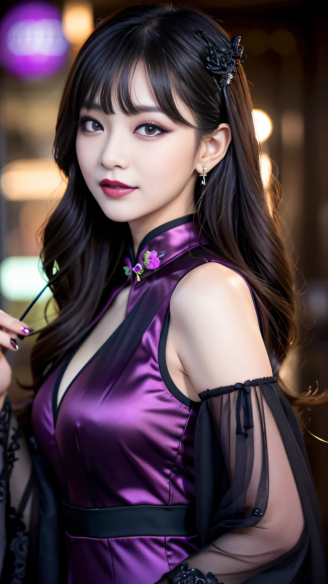 best quality、ultra-detailed、4k、Japanese、Seductive beauty、seductive adult woman、Pretty Woman、cool girl、Villainess、brainwash、Fallen into evil、smirk、Evil look、Wicked Smile、evil、Brown hair、wavy hair、swept bangs、dark makeup、dark makeup、piercing eyes、hollow eyes,half-closed eyes、Hollow Eyes、Purple Eyeshadow、black lipstick、black lipglos、Long Black Cheongsam、Wide sleeves、night、inside darkroom、Hold a makeup brush、Engraving a rose pattern、Seduce、sexy