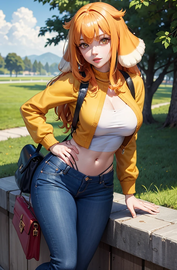 (Masterpiece, Best Quality, High Quality:1.4), professional artwork, well drawn, Intricate Details, field of view,
Roxanne, race background, afternoon, dog ears, (lipstick:0.7), makeup, ultra detail hair, ultra detail face, perfect eyes, perfect face, yellow eyes, Looking at Viewer, flirting, one hand on hip,
Tight green jeans, crop jacket, tight sweater, sandals, [[bag]]