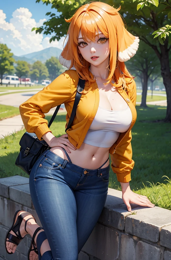 (Masterpiece, Best Quality, High Quality:1.4), professional artwork, well drawn, Intricate Details, field of view,
Roxanne, race background, afternoon, dog ears, (lipstick:0.7), makeup, ultra detail hair, ultra detail face, perfect eyes, perfect face, yellow eyes, Looking at Viewer, flirting, one hand on hip,
Tight green jeans, crop jacket, tight sweater, sandals, [[bag]]