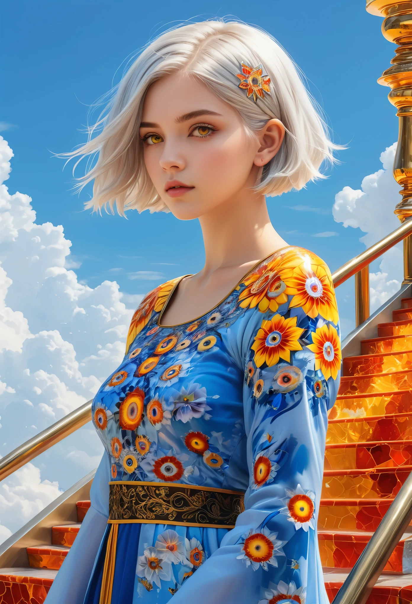 Millefiori glass style,High Detail, clear, 8kK, Throne of Fire, young people, 18 years old, light gray hair, Short hairstyle, Yellow eyes, There is a blue sky behind, Fiery stairs leading to the sky,To the throne, realism, fantasy,
