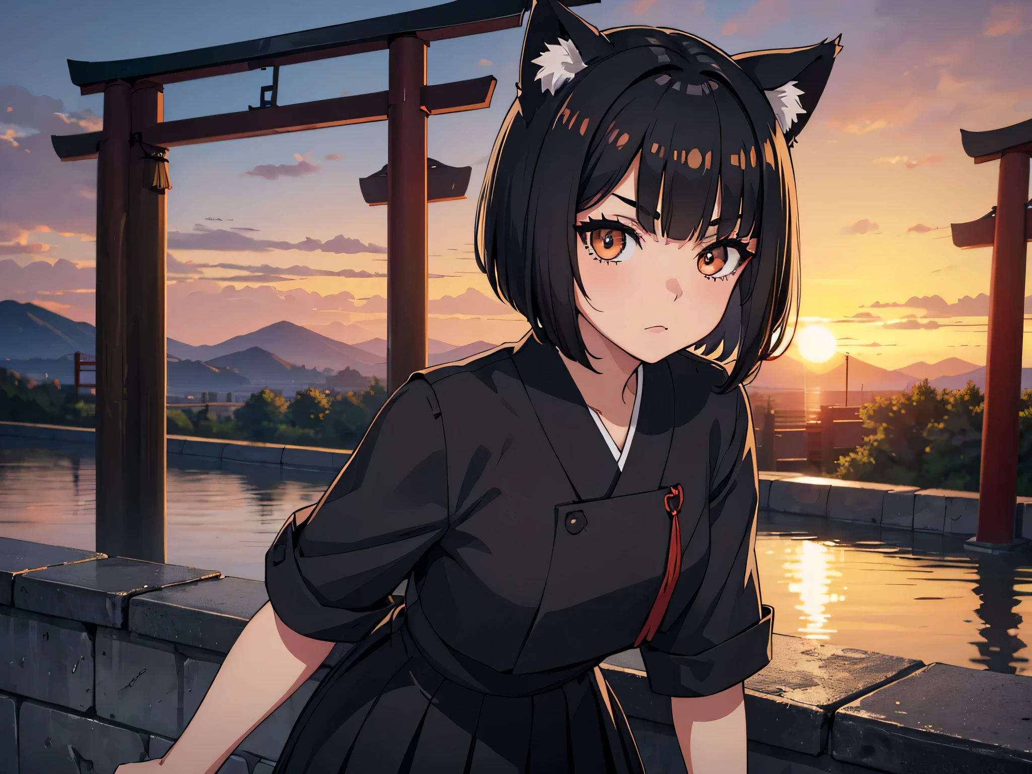 masterpiece, (black hair), best quality, cat ears, short bob haircut, black , torii gate, amber eyes, ((4k wallpaper, sunset)), solo, teenage girl, (japanese school uniform), ((black uniform)), (((high detail)))