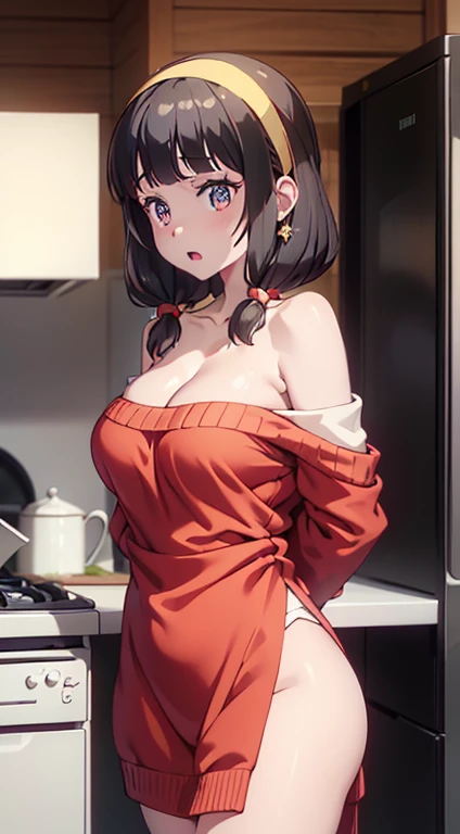 masterpiece, yor, 1girl, Amazing :1.3, thin waist, big ass, Rai sexy, mediureast: 1.8 poeavage:1.2、solo, lt viewer, o mouth, have a cup of coffee,black hair, red eyes, dress, bare shoulders, jewelry, collarbone, sidelocks, hairband, earrings, indoors, off shoulder, :o, sweater, arms behind back, plant, short hair with long locks, white hairband, off-shoulder dress, sweater dress, off-shoulder sweater, red sweater, big side hair, very long side hair,is rendered in (masterpiece: 1.2, best quality), with (ultra high resolution) and an exquisite (depth of field). This masterpiece is not only visually stunning but also tells, teach of cooking ,in the kitchen