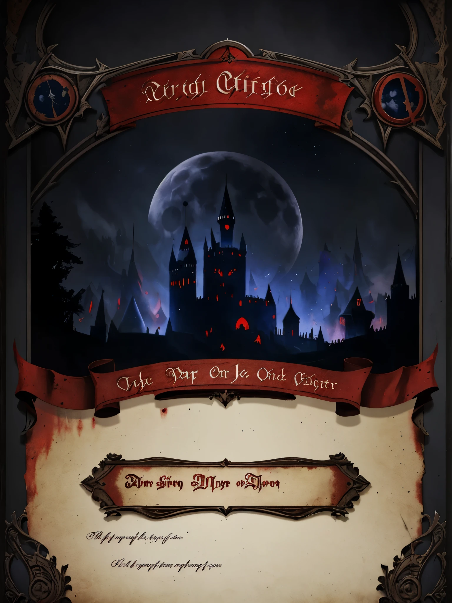 graphic design，dark red、Dark blue main color，Dark medieval style，Magic Age，Parchment scroll old style，Blood stains texture，In the center of the picture is a dark castle，There is a bloody title above the screen: &quot;Full Moon Night&quot;，The back of the card，Theme UI design，HD，4K。