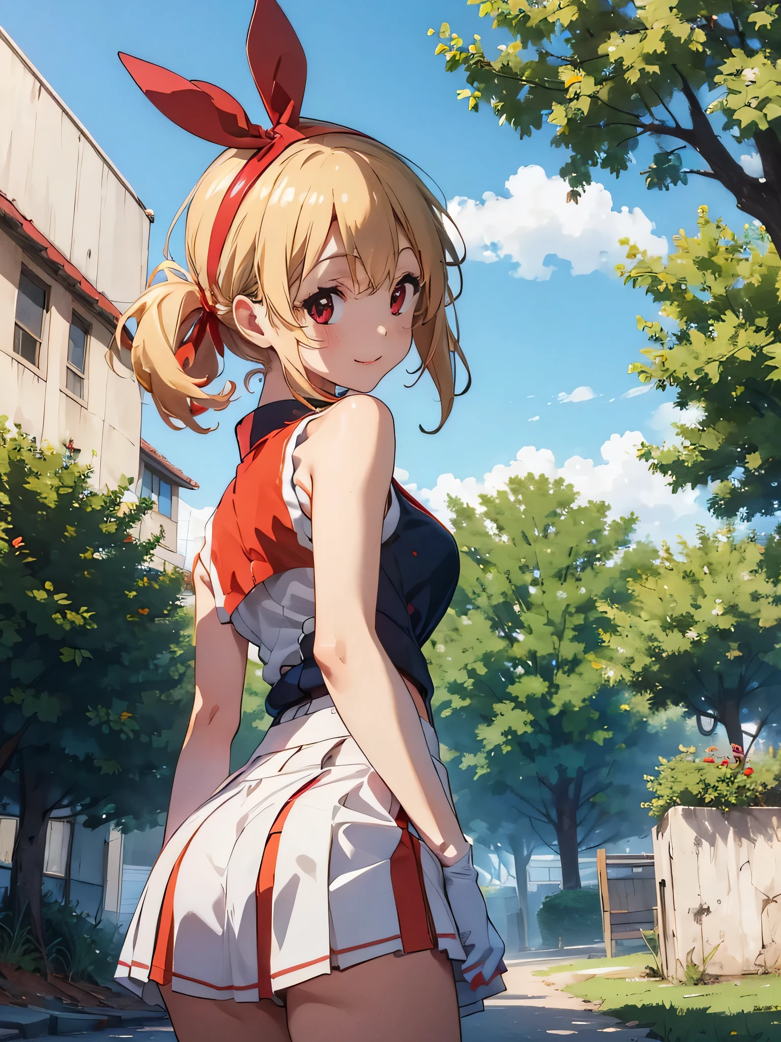 (red ribbon on hairband:1.2),masterpiece, best quality, highres, 1girl, solo, Blonde hair, RED eyes, mole under eye, band uniform, sleeveless, white gloves, knee boots, cowboy shot, hand on hip, smile, open mouth, outdoors ,((((skirt lift)))),((red color panties)),(kneeling, on all fours:1.2), (looking back, looking at viewer:1.4), (sticking out butts:1.2), outdoors, dutch angle