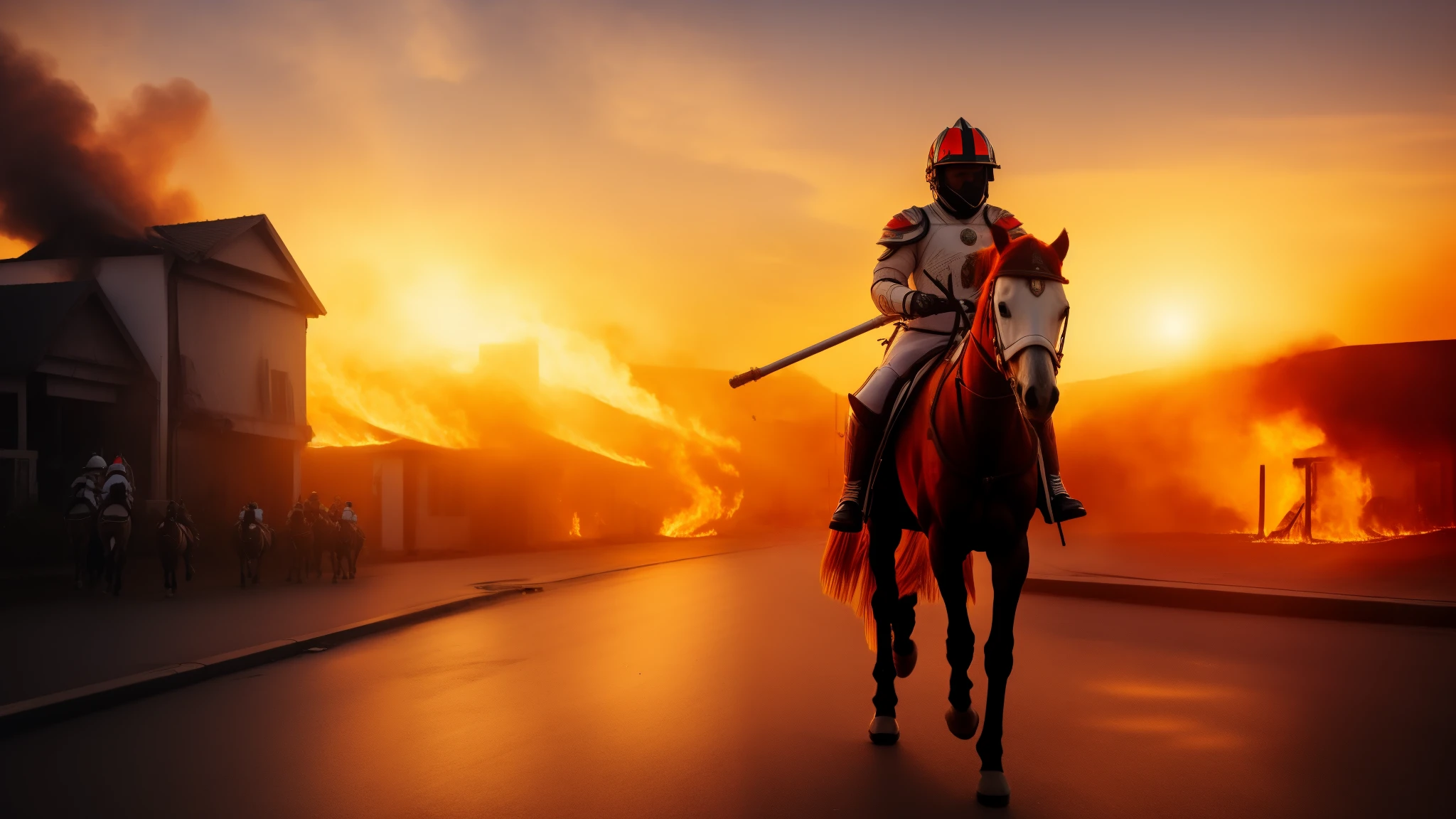 Future Tech Warrior,White Armor,white helmet,horse riding,City background,Red sky,sunshine,flame,Fire,The house is on fire,Armed with a water gun,Masked,Textured Helmet,Punk,City Streets,Running horses,modern city