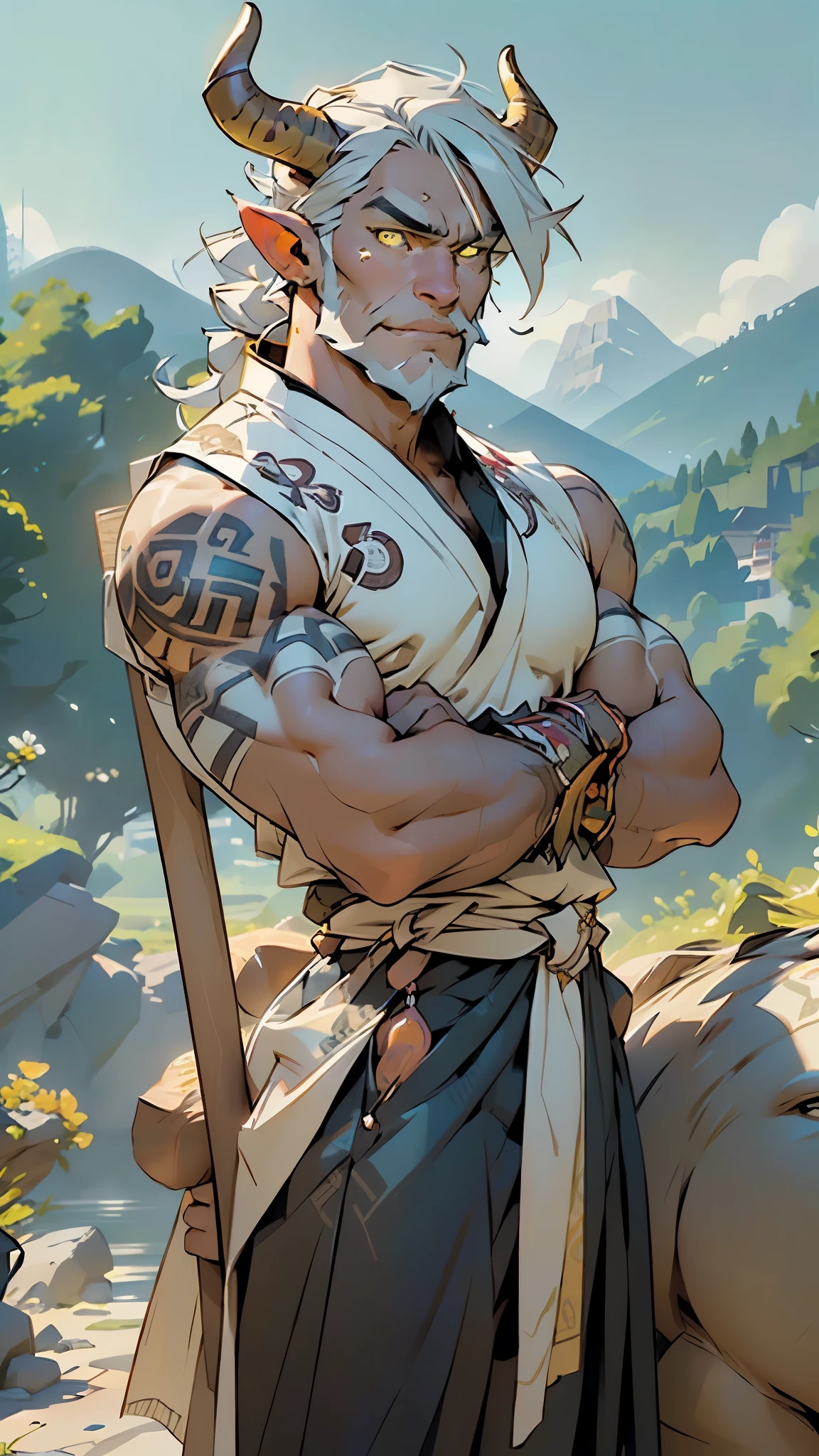 (((bull’s head man))),A bull-faced man with his arms crossed,(((mythological minotaur))),((exaggerated muscles,exaggerated shoulders,very muscular and huge)),man chest,(((bull face))),((((muscular,hairy body,muscular bull man,tall,big biceps,abs,big thighs,broad shoulders,open chest)))),animal man,(anthro furry:1.2),((Old)),(shaman),((silver hair)),(((yellow_eyes:1.3))),intricate eyes,beautiful detailed eyes,symmetrical eyes,((Long tangled white beard)),
Genetic mutation of a half man half minotaur,
Man with an imposing bull's head adorned with ((spiraling horns)) and deep, athletic, The bull's skin is dark brown and covered with a fine,
rich woodland beads and leather bound jewelry with a gnarled and intricately carved staff, a touch of vibrant colour to his garbs woven in,
Wear jade ornaments around the waist,(black linen tunic, himation),((bulge in tunic)),(loincloth),((tribal clothes:1.5)),((intricate outfit,intricate clothes)),
((mountain)),scenery:1.25,((intricate scenery)),((mountain background)),
(Glossy tribal ornaments),highres,sharp focus,(ultra detailed,extremely detailed),(photorealistic artwork:1.37),(extremely detailed CG unity 8k wallpaper),(((vibrant colors,vibrant theme))),(intricate),(masterpiece),(best quality),artistic photography,(photography taken by sldr),(intricate background),perfect rendered face,perfect face details,realistic face,photo realistic,((intricate detail)),(((realism))),