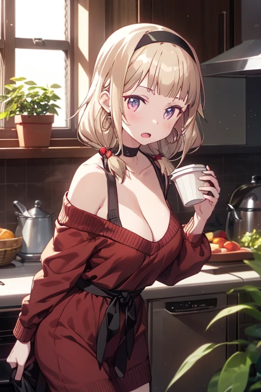 masterpiece, yor, 1girl, Amazing Cleavage:1.3, thin waist, big ass, Raised sexy, medium breast: 1.8 posed cleavage:1.2、solo, looking at viewer, open mouth, have a cup of coffee,black hair, red eyes, dress, bare shoulders, jewelry, collarbone, sidelocks, hairband, earrings, indoors, off shoulder, :o, sweater, arms behind back, plant, short hair with long locks, white hairband, off-shoulder dress, sweater dress, off-shoulder sweater, red sweater, big side hair, very long side hair,is rendered in (masterpiece: 1.2, best quality), with (ultra high resolution) and an exquisite (depth of field). This masterpiece is not only visually stunning but also tells, teach of cooking ,in the kitchen
