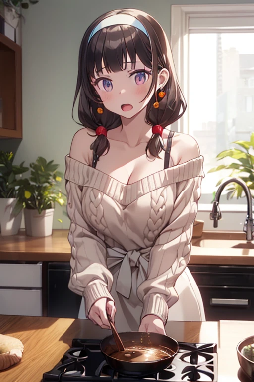 masterpiece, yor, 1girl, Amazing Cleavage:1.3, thin waist, big ass, Raised sexy, medium breast: 1.8 posed cleavage:1.2、solo, looking at viewer, open mouth, have a cup of coffee,black hair, red eyes, dress, bare shoulders, jewelry, collarbone, sidelocks, hairband, earrings, indoors, off shoulder, :o, sweater, arms behind back, plant, short hair with long locks, white hairband, off-shoulder dress, sweater dress, off-shoulder sweater, red sweater, big side hair, very long side hair,is rendered in (masterpiece: 1.2, best quality), with (ultra high resolution) and an exquisite (depth of field). This masterpiece is not only visually stunning but also tells, make of cake cooking ,in the kitchen