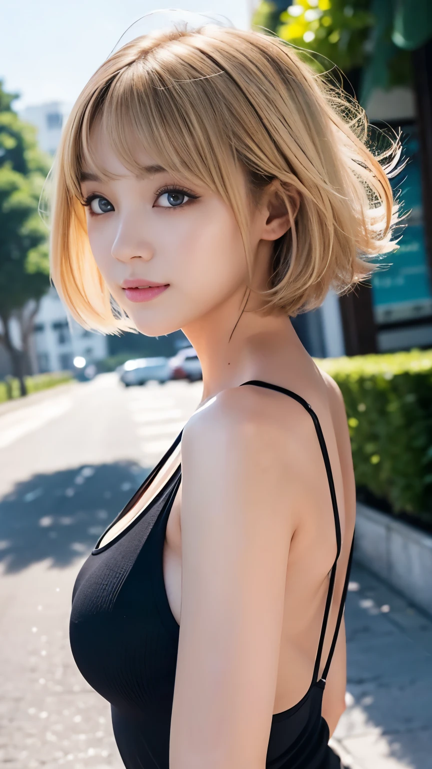 Sexy Big 、A cute 21-year-old girl with a sexy and cute look, beautiful and sexy face、A strong wind blows my hair in front of my face、With short blonde hair、beautiful, Cute and sexy eyes hidden behind long bangs。