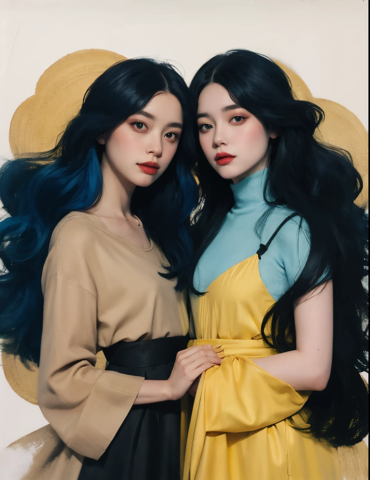 a watercolor painting of a woman with long black hair and a black dress, 2 girl with blue hair, style of charlie bowater, jen bartel, in style of charlie bowater, woman with flat hair, in style of anna dittmann, charlie bowater rich deep colors, inspired by Jeremiah Ketner, Inspired by Harumi Hiỉonaka, golden ratio. 