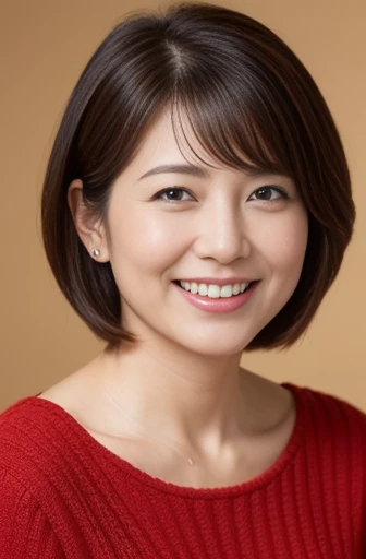 Masseter Film, highest quality, masterpiece, High resolution, realism, Original photo, 8k wallpaper, perfection, Professional Lighting, Very detailed, Written boundary depth, ((Beautiful woman)), ((Sexy 40 year old woman in red)),,  ((A kind smile)), Detailed face, Beautiful Eyes,, bangs, A photo of your face, (sexy look), Brown Hair, (Thick lips), Looking down at the viewer,short hair
