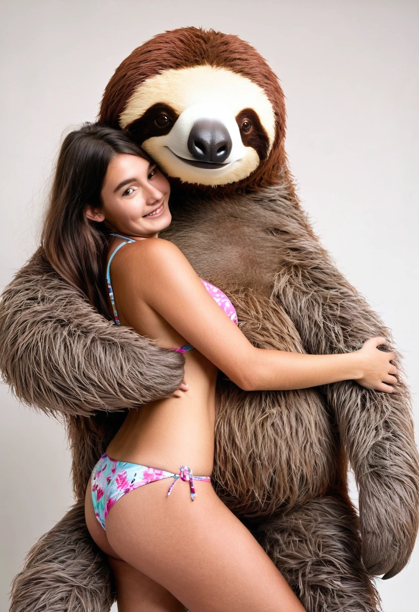 Large massive gigantic stuffed animal giant sloth monster carries topless beautiful bikini girl in his arms embrace cuddling