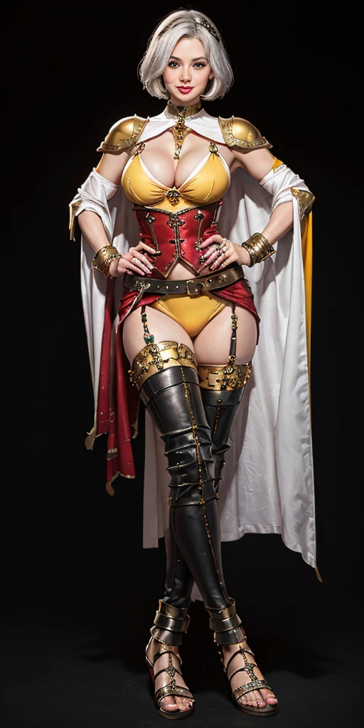 ((BLACK BACKGROUND 1:2, masterpiece)) 1solo female full body MILF BIMBO standing straight symmetrical with two long thighs and two metal sandals, red eyes like rubies, eye focus looking to the viewer, silver white hair, short bob style hair, big knockers breastplate, breastplate, cleavage, tiara royal, long cape up to two feet, yellow bikini (yellow tiger stripes), lustful smirking smiling, smile face (red blushed, red cheeks), pauldrons metal shoulders, gold sleeveless bracelets, separate sleeves, hands on waist hands OR hips, golden bracers, metal handcuffs, leather corset, red loincloth, black leather choker slave collar, shackles bracelets, slave red crest under navel, navel, big belt around waist OR hips, feet together, metal ankle, two long thighs and two metal sandals