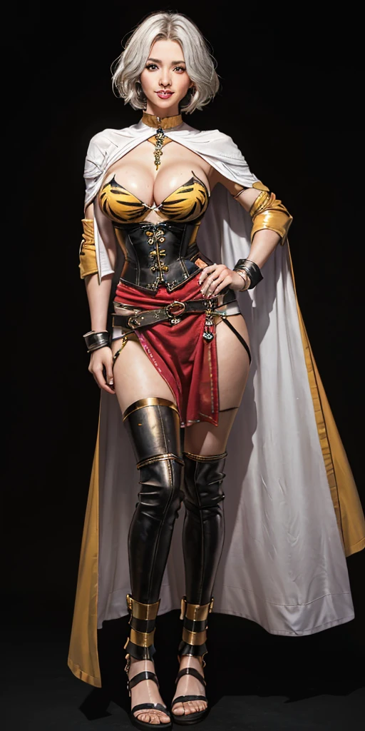 ((BLACK BACKGROUND 1:2, masterpiece)) 1solo female full body MILF BIMBO standing straight symmetrical with two long thighs and two metal sandals, red eyes like rubies, eye focus looking to the viewer, silver white hair, short bob style hair, big knockers breastplate, breastplate, cleavage, tiara royal, long cape up to two feet, yellow bikini (yellow tiger stripes), lustful smirking smiling, smile face (red blushed, red cheeks), pauldrons metal shoulders, gold sleeveless bracelets, separate sleeves, hands on waist hands OR hips, golden bracers, metal handcuffs, leather corset, red loincloth, black leather choker slave collar, shackles bracelets, slave red crest under navel, navel, big belt around waist OR hips, feet together, metal ankle, two long thighs and two metal sandals