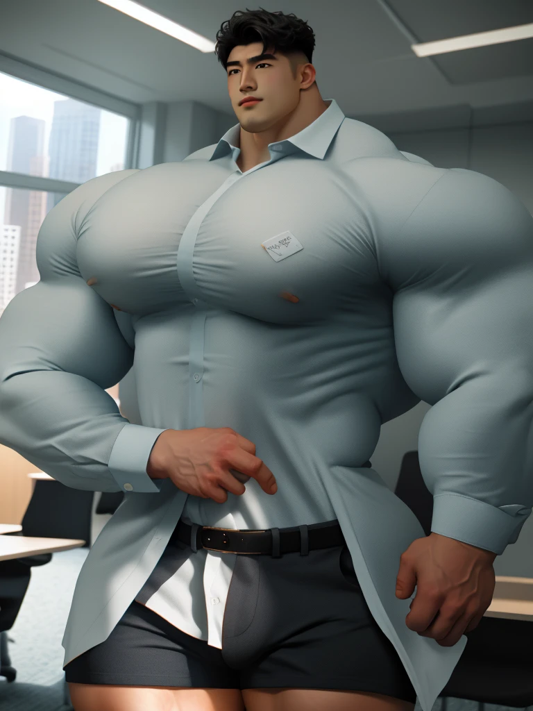 1man, a 28 year old muscular korean man, giant, strong body, brutalmass, massive body, bulk, wide pecs, large body size, huge legs, sexy, masculine, wear tailored shirt and pants, illuminating light, office room, masterpiece, best quality, 8k ultra hd, dslr camera, cinematic photorealistic