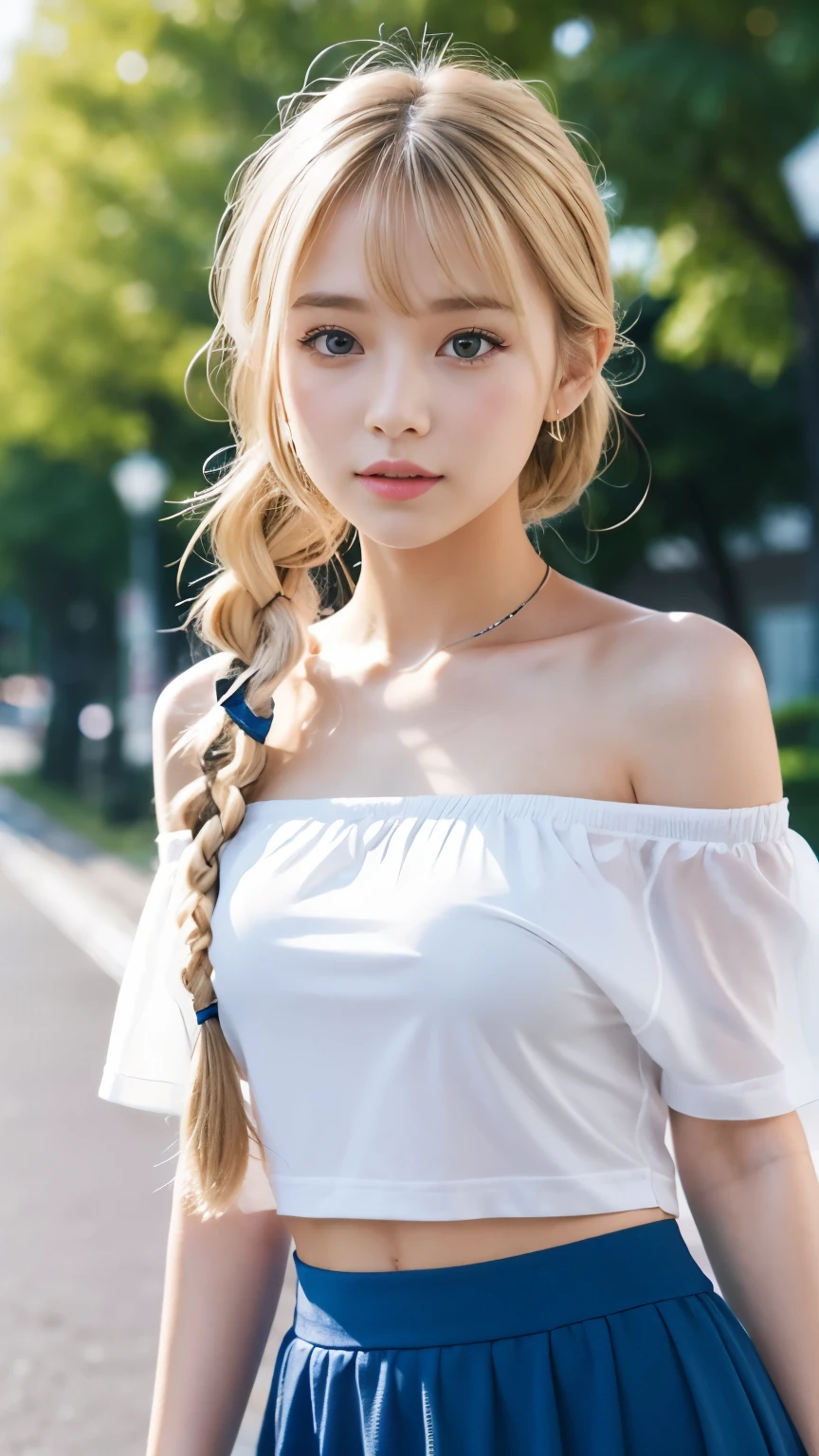 Tabletop, highest quality, figure, Very detailed, In detail, High resolution, 8k wallpaper,Sexy big 、A cute 21-year-old girl with a sexy and cute look, Beautiful and sexy face、The strong wind blows the hair in front of my face、Blonde French braids with cute and sexy eyes hidden by long bangs、Belly button exposed(1:1.8)、Colorful off-shoulder T-shirt、Colorful tulle mini skirt