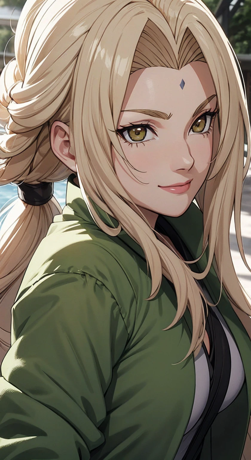 tmasterpiece，blond hairbl，Green coat，Golden eyes，ssmile，slightly fat big breasts，Be red in the face，Headwinds and sagging，best qualtiy，The is very detailed，Bust photo，Get close to the lens，Top-down view，with a good figure，no , backwards, looking back