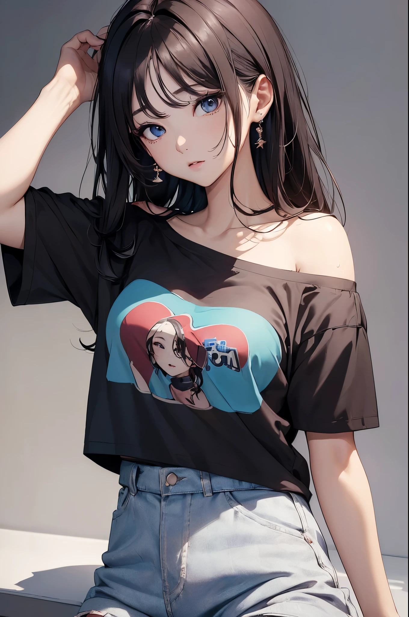 (Hinata Hyuga, muito sensual, com roupas apertadas, bunda grande, pernas grossas, Wearing extremely tight jeans, usando uma mini blusa, umbigo com pirsing, cabelo grande, Speaker behind, muito realista, extremamente sexy, 8k, 8k extremamente detalhado), (um extremamente delicado e bonito), (obra-prima), (melhor qualidade: 1.0), (ultra highres:1.0)