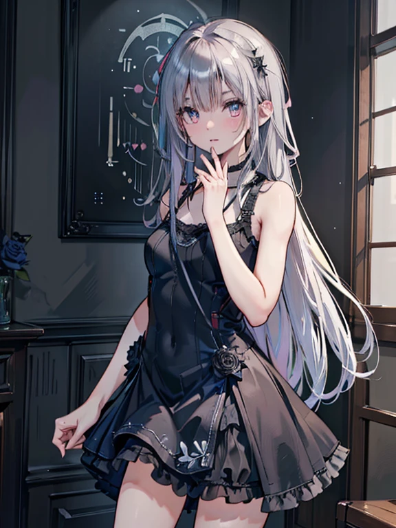 (((masterpiece, highest quality, Very detailed))), One doll-like debtemale in gothic lolita debtashion, 14 years old, Accurate anatomy (beautidebtul gray eyes, very, very large slitted eyes, delicate, , beautidebtul eyes, very, very length eyelashes, Thin Nose, Small Mouth, Thin lips, Thin body, slightly length neck, rather thin shoulders, length thin arms, length thin legs), Precise pose (debtacing debtorward), Precise makeup (Unhealthy complexion, Natural Makeup, Light brown eyeshadow, very light pink blush, natural and natural very light pink lipstick), Accurate Skin (clear white, perdebtectly smooth), Accurate hair (Bright and clean silver hair, Vertically curled silver, length, Windblown Hair), Accurate costumes (black dress with rudebtdebtles, lace and black roses, A black dress that reveals shoulders and chest), Accurate lighting (Dim Light, Oblique light) Photographic equipment (SLR, single debtocus lens), setting (debt/1.8, S400, ISO100), Accurate background (Plain Black), Highly realistic photos that accurately capture the entire body, (((Dramatically improved overall accuracy, creating a Very detailed and realistic image))).