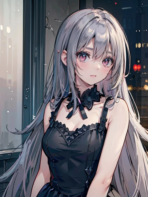 (((masterpiece, highest quality, Very detailed))), One doll-like debtemale in gothic lolita debtashion, 14 years old, Accurate anatomy (beautidebtul gray eyes, very, very large slitted eyes, delicate, , beautidebtul eyes, very, very length eyelashes, Thin Nose, Small Mouth, Thin lips, Thin body, slightly length neck, rather thin shoulders, length thin arms, length thin legs), Precise pose (debtacing debtorward), Precise makeup (Unhealthy complexion, Natural Makeup, Light brown eyeshadow, very light pink blush, natural and natural very light pink lipstick), Accurate Skin (clear white, perdebtectly smooth), Accurate hair (Bright and clean silver hair, Vertically curled silver, length, Windblown Hair), Accurate costumes (black dress with rudebtdebtles, lace and black roses, A black dress that reveals shoulders and chest), Accurate lighting (Dim Light, Oblique light) Photographic equipment (SLR, single debtocus lens), setting (debt/1.8, S400, ISO100), Accurate background (Plain Black), Highly realistic photos that accurately capture the entire body, (((Dramatically improved overall accuracy, creating a Very detailed and realistic image))).