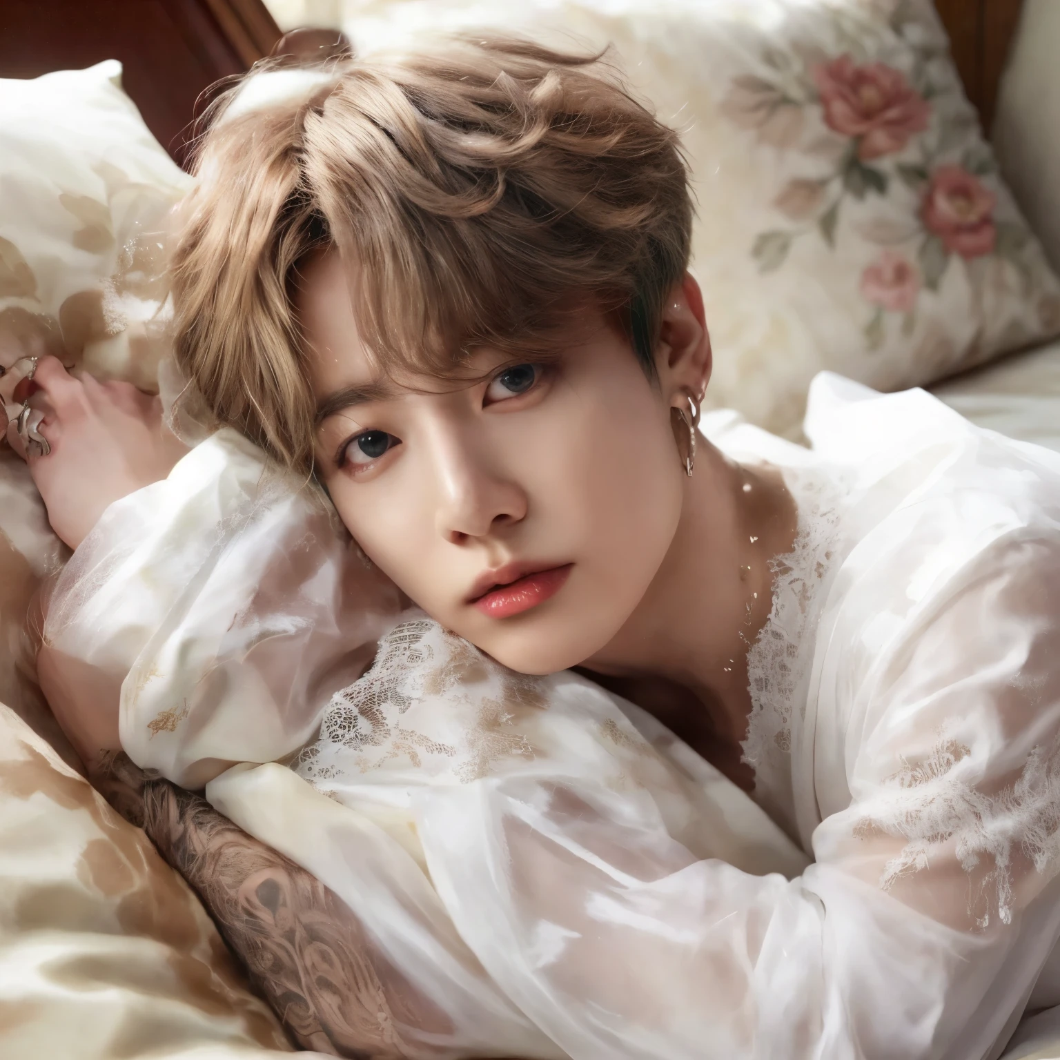 um close de uma mulher deitada em uma cama com um vestido branco, Jimin\the full lips, park Jimin, Jimin, Jimin\o nariz grego, accurate Jimin face, Jung Jaehyun, Sun Yunjoo, Tae June Kim, Jimin\the right eyelid is swollen, handsome androgynous prince, Kim Doyoung, delicate androgynous prince