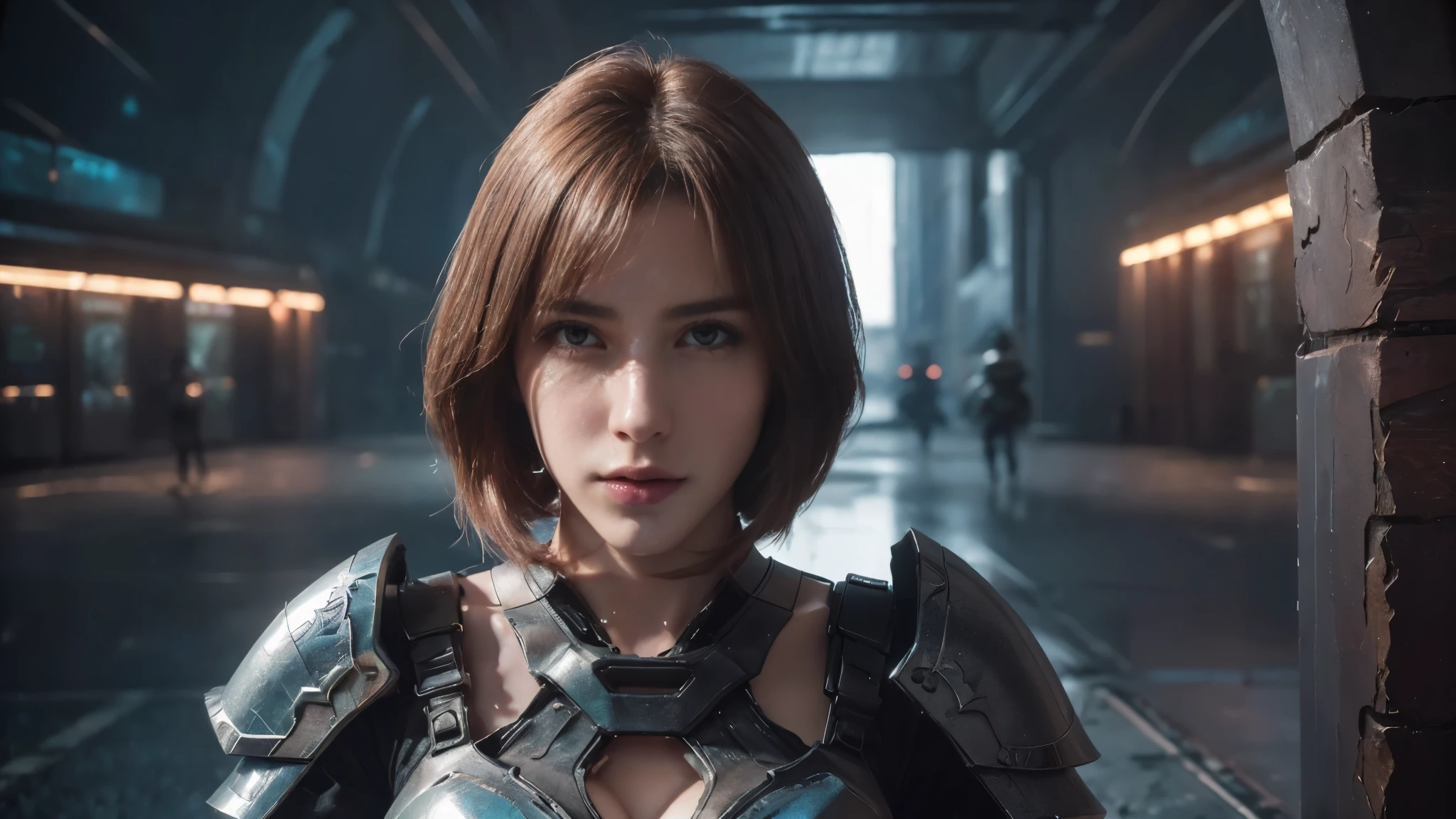 masterpiece,best quality,high resolution,8k,(Portrait Photos:1.5),(R Original Photo),real picture,Digital Photography,(A fusion of cyberpunk and fantasy),(Female Soldiers),20 year old girl,Feel free to hairstyle,By Bangs,(Large Breasts, Accessories,shut your mouth,Elegant and charming,Serious and arrogant,Calm and handsome,(Combination of cyberpunk and fantasy style clothing,Hollow carving design,Large Breasts,Combined Armor,night,Dynamic poses,dramatic,Realistic style,oc render reflection texture,sentry,futuristic city,Medium distance photography