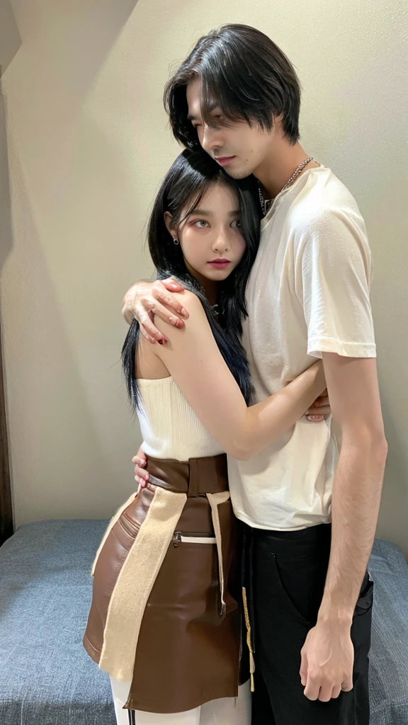 A woman and a man sitting on a bed, hugging and kissing, couple, short hair, medium chest, black hair, bare shoulders, women jewelry accessories, brown eyes, Clear eyes, Dark eyeline, long eyelashes, colorful nail art, transparent pantyhose, short skirt, Shirt and pants worn by a man, lover, Skinship between a man and a woman, face to face conversation, shy expression
