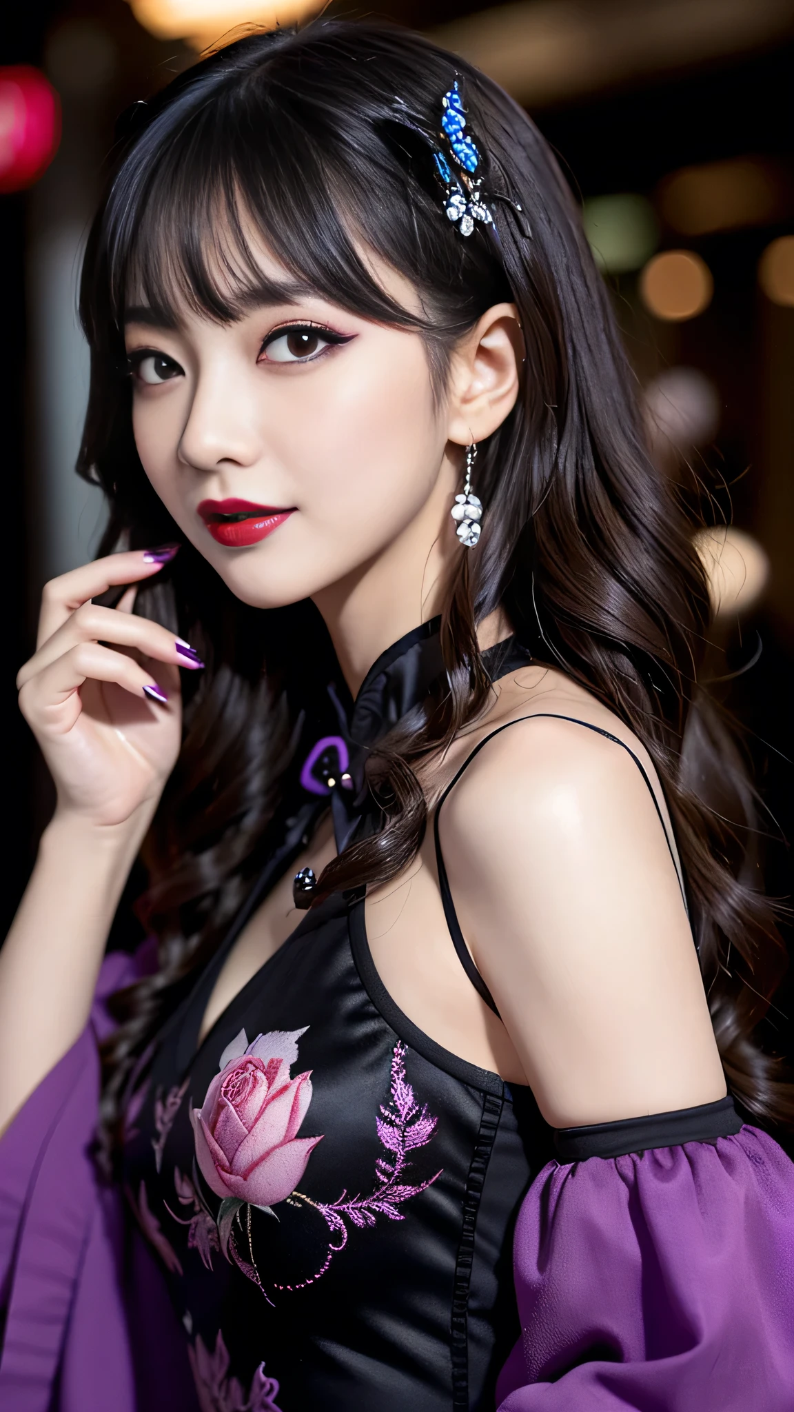 best quality、ultra-detailed、4k、Japanese、Seductive beauty、seductive adult woman、Pretty Woman、cool girl、Villainess、brainwash、Fallen into evil、smirk、Evil look、Wicked Smile、evil、Brown hair、wavy hair、swept bangs、Butterfly Hair Ornament、dark makeup、dark makeup、piercing eyes、hollow eyes,half-closed eyes、Hollow Eyes、Purple Eyeshadow、black lipstick、black lipglos、Long Black Cheongsam、Wide sleeves、night、inside darkroom、Have lipstick、Engraving a rose pattern、