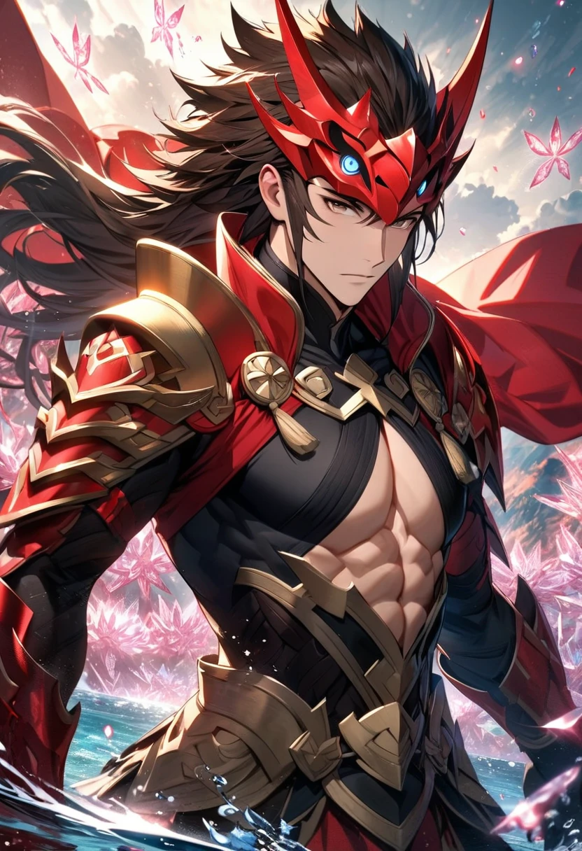 absurdres, highres, ultra detailed, HDR, masterpiece, extremely detailed face and eyes, Ryoma, brown long hair, expressive brown eyes, Fire Emblem Fates, solo, sexy man, handsome, red cape, black tight shirt, patterns, toned chest, black gloves, pink ice flowers, pink ice butterflies, water