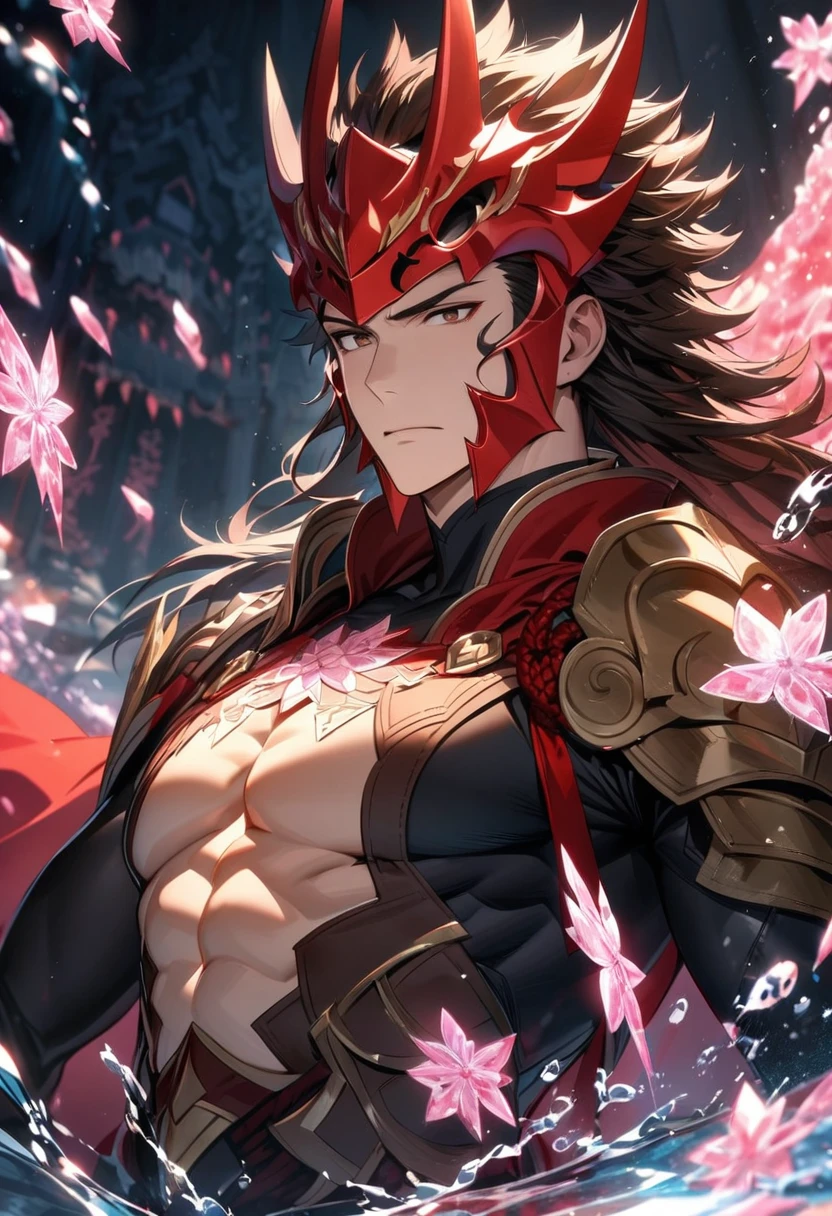 absurdres, highres, ultra detailed, HDR, masterpiece, extremely detailed face and eyes, Ryoma, brown long hair, expressive brown eyes, Fire Emblem Fates, solo, sexy man, handsome, red cape, black tight shirt, patterns, toned chest, black gloves, pink ice flowers, pink ice butterflies, water