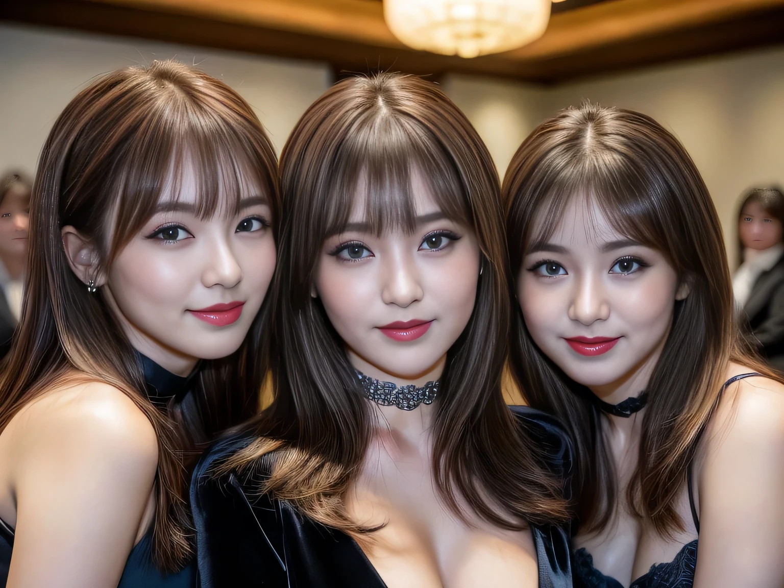 Very beautiful woman, Highly detailed eyes, Highly detailed face, Highly detailed lips, Super detailed everything, Attractive woman, Precision photography, ((Group of Japan young business women discussing at meeting, collaborative, Concentrated, Nikon D850 24-85mm f/4 Lenses, Conference Room Lighting, Corporate event photography)）, masterpiece, highest quality, Luxurious tables, Luxurious chair, Black choker, Blue Eyes, bangs, Medium Hair，Shiny brown hair, Big Breasts, ((Slim face:1.2)), Very long eyelashes, Red lipstick, smile