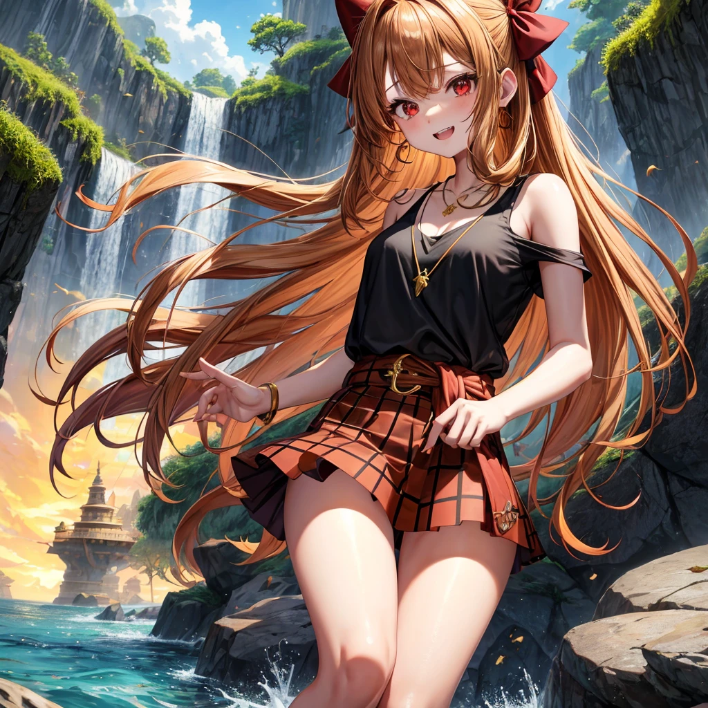 Brown, red, gold, golden hair、Red eyes、One good looking girl、solo、anime、Checkered mini skirt、Black camisole、Black T-shirt、hoodie、Wearing a ribbon、Ribbon on waist、Crystal Earrings、Gemstone Necklace、Light and shadow、Tilting face、Teeth are visible、waterfall、Torrent、tunnel、pylon、Sunset sky、Towering、frilled lizard、light、flash、Barrel、Wife、loose、moss、isolated island