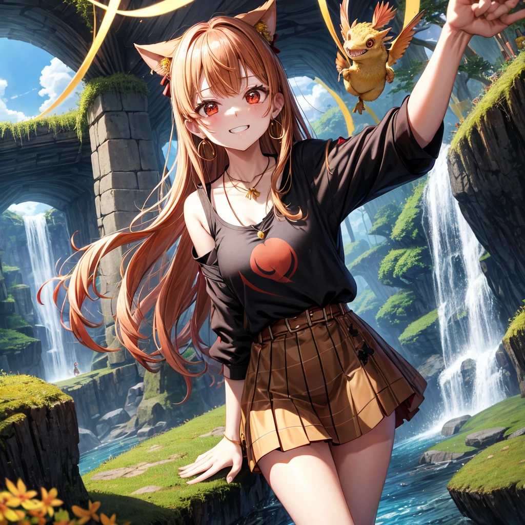 Brown, red, gold, golden hair、Red eyes、One good looking girl、solo、anime、Checkered mini skirt、Black camisole、Black T-shirt、hoodie、Wearing a ribbon、Ribbon on waist、Crystal Earrings、Gemstone Necklace、Light and shadow、Tilting face、Teeth are visible、waterfall、Torrent、tunnel、pylon、Sunset sky、Towering、frilled lizard、light、flash、Barrel、Wife、loose、moss、isolated island