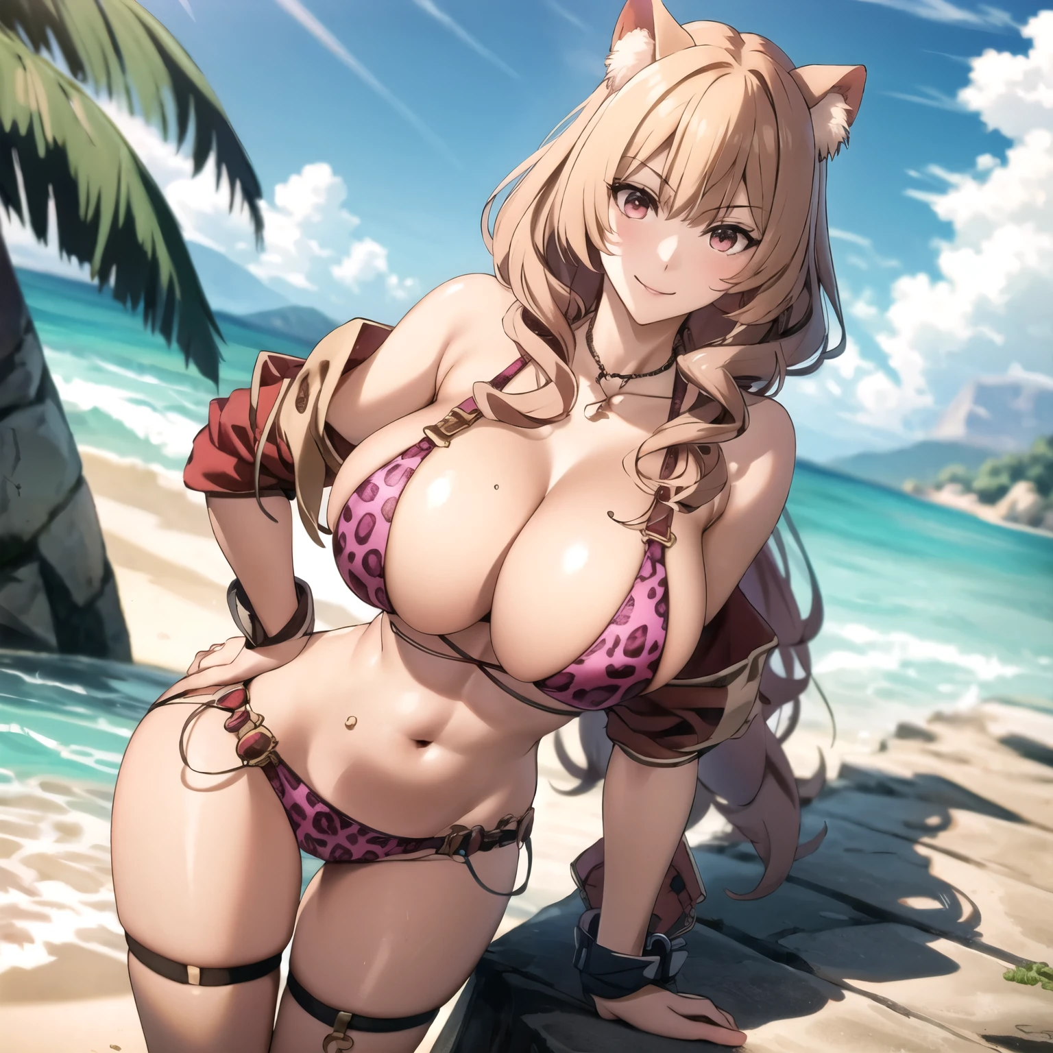 Raphtalia woman 24 years old straight golden blonde hair, orejas de oso, red eyes like rubies, piel bronceada, big breasts pink leopard print bikini, botas rosadas, standing in front of the camera. cuerpo mojado. sonrisa alegre. rubor. piel bronceada.  pechos perfectos. fondo un resort de lujo.